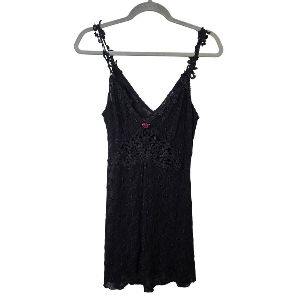 Claire Pettibone Slip Dress Women Medium Black Vintage Lace Rosette Mini